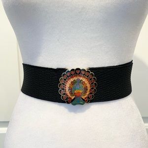 Vintage 70s Cloisonne Enamel Peacock Elastic Belt
